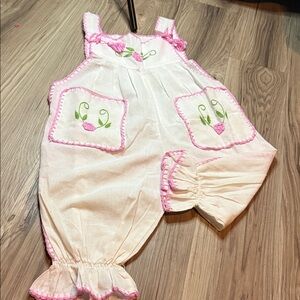 Vintage Handmade White & Pink Floral Crochet Girls Romper